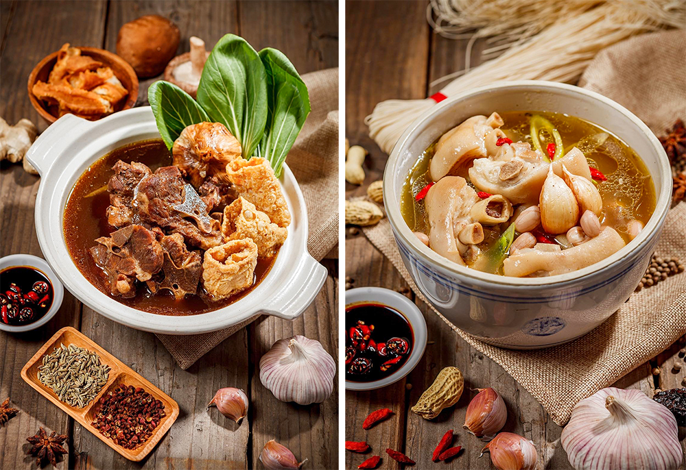 黑肉骨茶湯（左）與白肉骨茶花生豬腳湯（右）。(圖片提供/黑狗食堂)