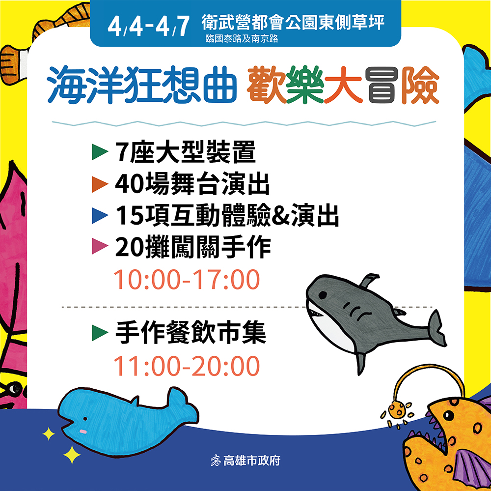 《海洋狂想曲 歡樂大冒險》4月4日至4月7日於衛武營都會公園東側草坪登場。