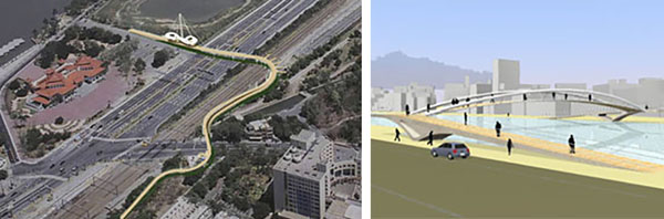 空中走廊之一：跨越崇德路、翠華路自行車橋，連結洲仔濕地與蓮池潭示意圖(左圖/高市府新工處提供) 空中走廊之一：哈瑪星地區跨越一號船渠景觀橋樑示意圖(右圖/高市府新工處提供)