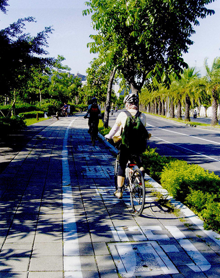 市民順著同盟路上的自行車專用道踩著單車，緩慢而行，感受樂活時光。(圖/樺航攝)
