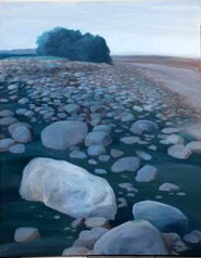 高屏溪系列作品「冬日殘流」,王信豐表現出冬日乾涸的河床景致。(圖/郭力睿攝) 高屏溪系列作品「冬日殘流」,王信豐表現出冬日乾涸的河床景致。(圖/郭力睿攝)