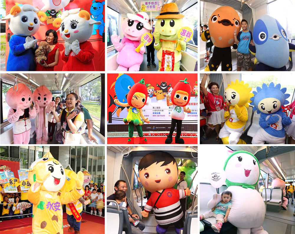 高雄城市吉祥物PK戰(由左至右):快樂羊&幸福羊、美滿龜 &幸福龜、石斑魚寶&鮪魚寶、水蜜桃娃娃、番番&喜仔、Q妹&Q寶、超人小斑、伊娜、田阿燕。(圖/高雄市新聞局 提供) 高雄城市吉祥物PK戰(由左至右):快樂羊&幸福羊、美滿龜 &幸福龜、石斑魚寶&鮪魚寶、水蜜桃娃娃、番番&喜仔、Q妹&Q寶、超人小斑、伊娜、田阿燕。(圖/高雄市新聞局 提供)