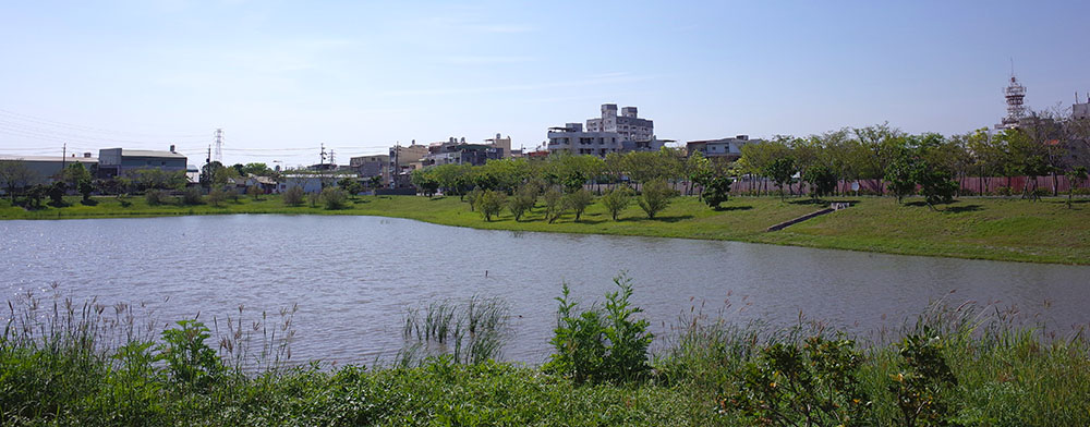 典寶溪滯洪池旁的綠地。(鄭乃華·攝影) 典寶溪滯洪池旁的綠地。(鄭乃華·攝影)