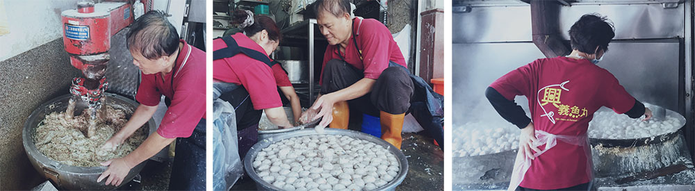 左圖:將魚背去鱗去刺,然後搗成魚漿製成魚丸。(許組長·攝影)中圖:把魚漿一顆一顆地用手捏出丸狀丟入水盆裡。(許組長·攝影)右圖:魚丸送進大鍋裡加熱烹煮,就剩最後一個步驟撈起來風乾了。(許組長·攝影) 左圖:將魚背去鱗去刺,然後搗成魚漿製成魚丸。(許組長·攝影)中圖:把魚漿一顆一顆地用手捏出丸狀丟入水盆裡。(許組長·攝影)右圖:魚丸送進大鍋裡加熱烹煮,就剩最後一個步驟撈起來風乾了。(許組長·攝影)