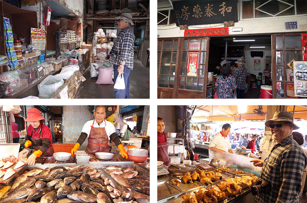 左上:傳統米店。左下:岡山傳統市場鮮魚攤。右上:傳統中藥行。右下:鹽水雞攤位。(鄭乃華·攝影) 左上:傳統米店。左下:岡山傳統市場鮮魚攤。右上:傳統中藥行。右下:鹽水雞攤位。(鄭乃華·攝影)
