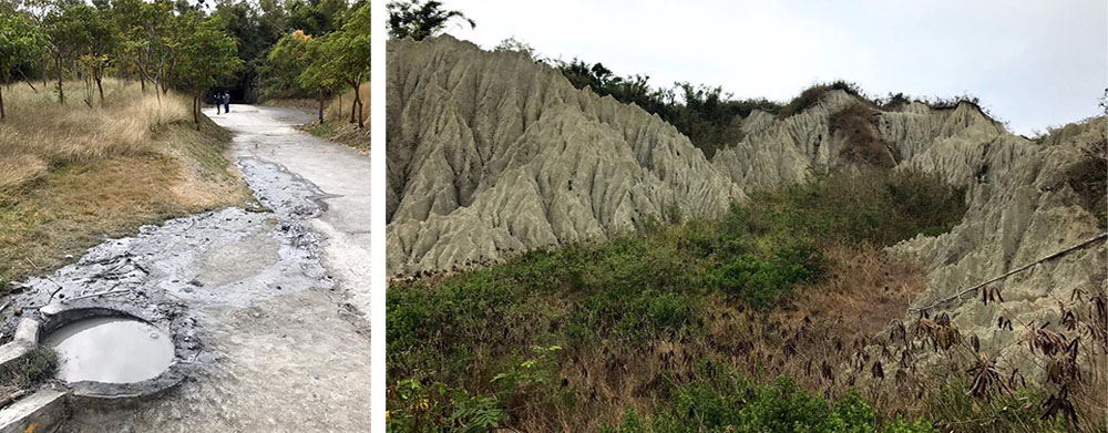 左:漯底山噴泥口。右:惡地地形月世界。(楊涵妮.攝影) 左:漯底山噴泥口。右:惡地地形月世界。(楊涵妮.攝影)