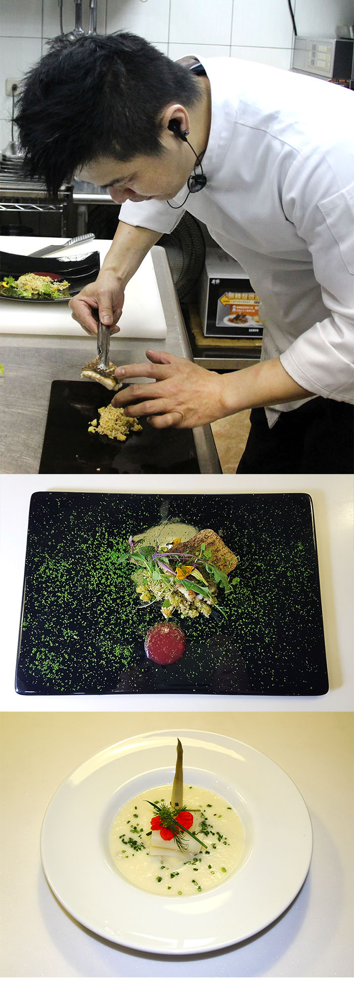 上:主廚楊彥希做菜的身影。中:永安鱸魚佐白花椰米與煎烤鳳梨丁。下:黃金綠竹筍濃湯。(Quava‧攝影) 上:主廚楊彥希做菜的身影。中:永安鱸魚佐白花椰米與煎烤鳳梨丁。下:黃金綠竹筍濃湯。(Quava‧攝影)