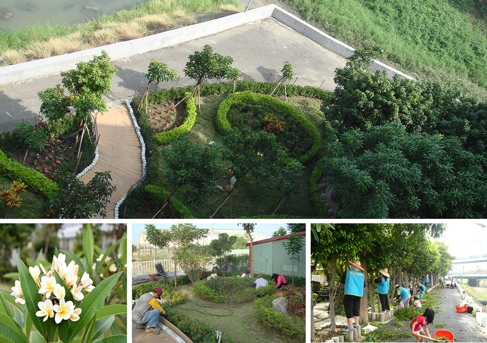 上:河畔的社區花園。下:居民努力維護綠化大道的身影。(陳芊至‧提供) 上:河畔的社區花園。下:居民努力維護綠化大道的身影。(陳芊至‧提供)