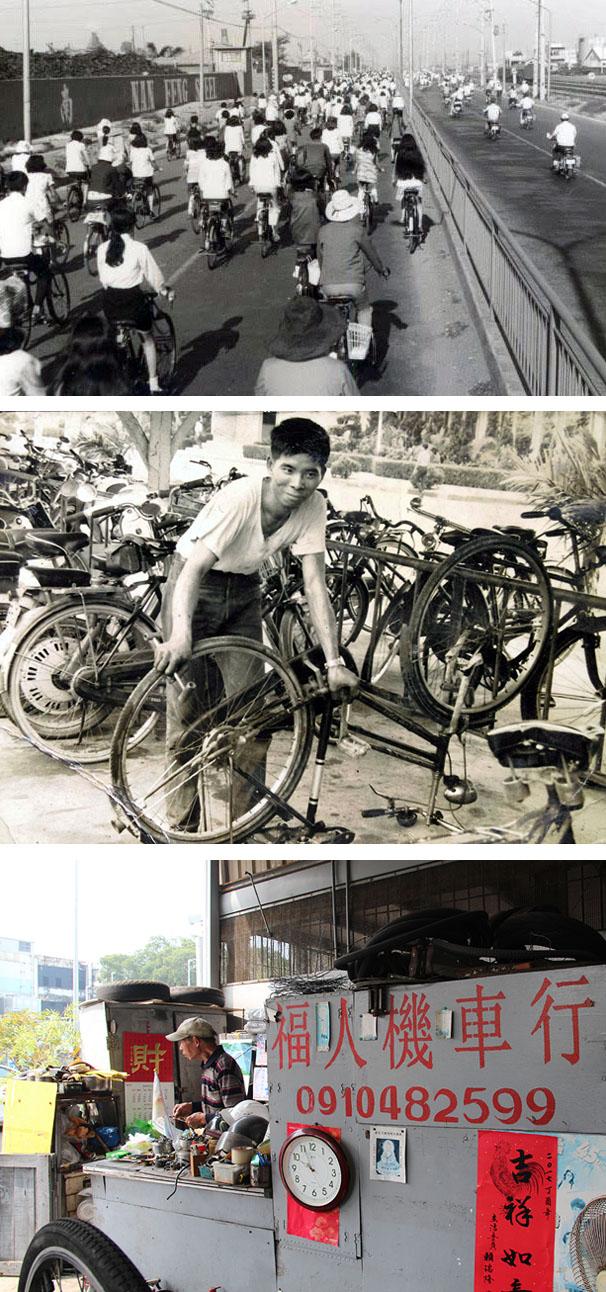 上:過去加工出口區騎腳踏車上下班的人潮。(丁世德‧提供)中:年輕時的鄭福人。(丁世德‧提供)下:福人機車行。(吳克威‧攝影) 上:過去加工出口區騎腳踏車上下班的人潮。(丁世德‧提供)中:年輕時的鄭福人。(丁世德‧提供)下:福人機車行。(吳克威‧攝影)