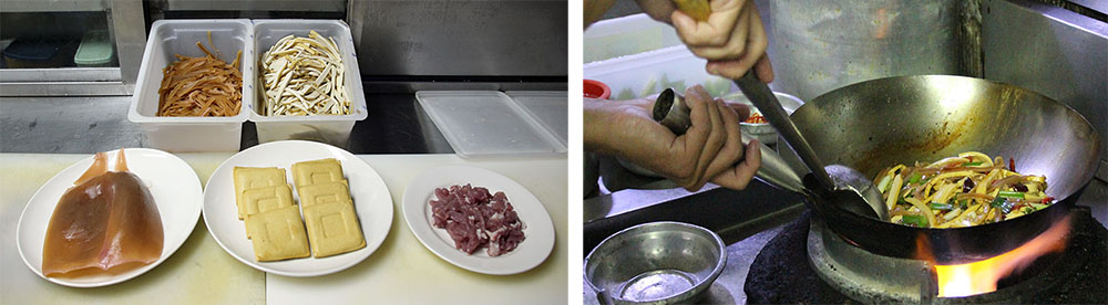 左:製作魷魚三絲必備新鮮魷魚、豆干與肉絲。右:大火快炒三分鐘即可上桌。(quava‧攝影) 左:製作魷魚三絲必備新鮮魷魚、豆干與肉絲。右:大火快炒三分鐘即可上桌。(quava‧攝影)