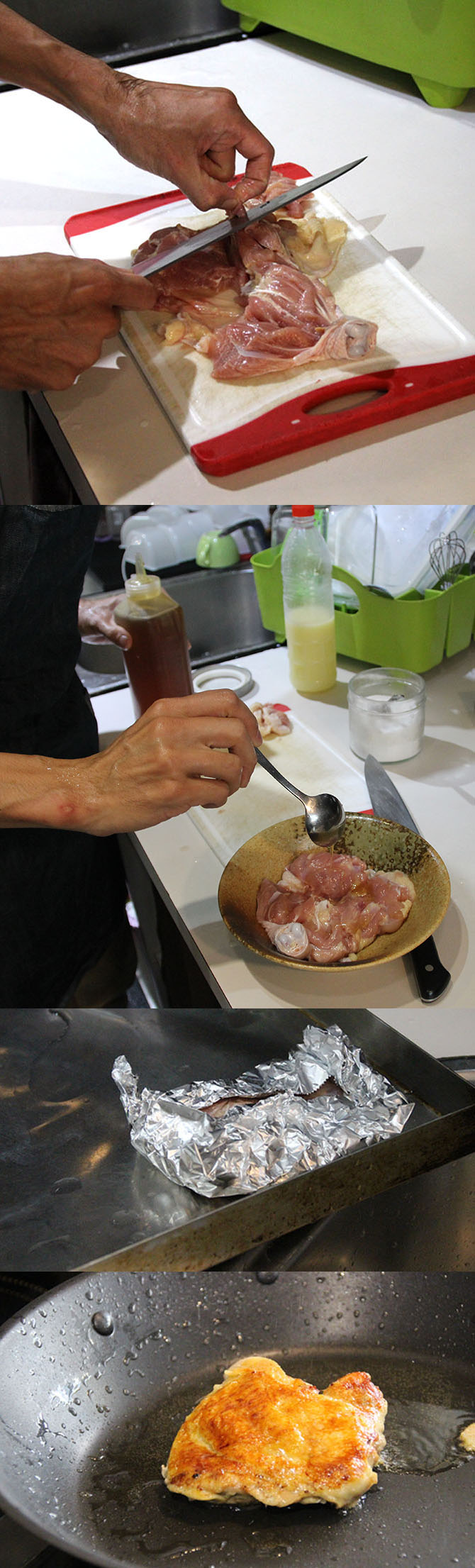 將雞肉去骨後,以蜂蜜醃漬,在烤箱中烘烤鎖住肉汁,再以油鍋將表皮煎成金黃色。quava‧攝影) 將雞肉去骨後,以蜂蜜醃漬,在烤箱中烘烤鎖住肉汁,再以油鍋將表皮煎成金黃色。quava‧攝影)
