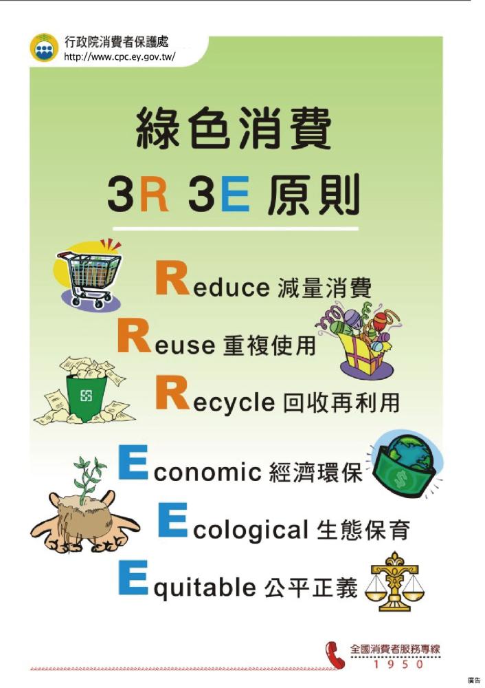 綠色消費 3R、3E原則。(圖片提供/行政院消費者保護會) 綠色消費 3R、3E原則。(圖片提供/行政院消費者保護會)