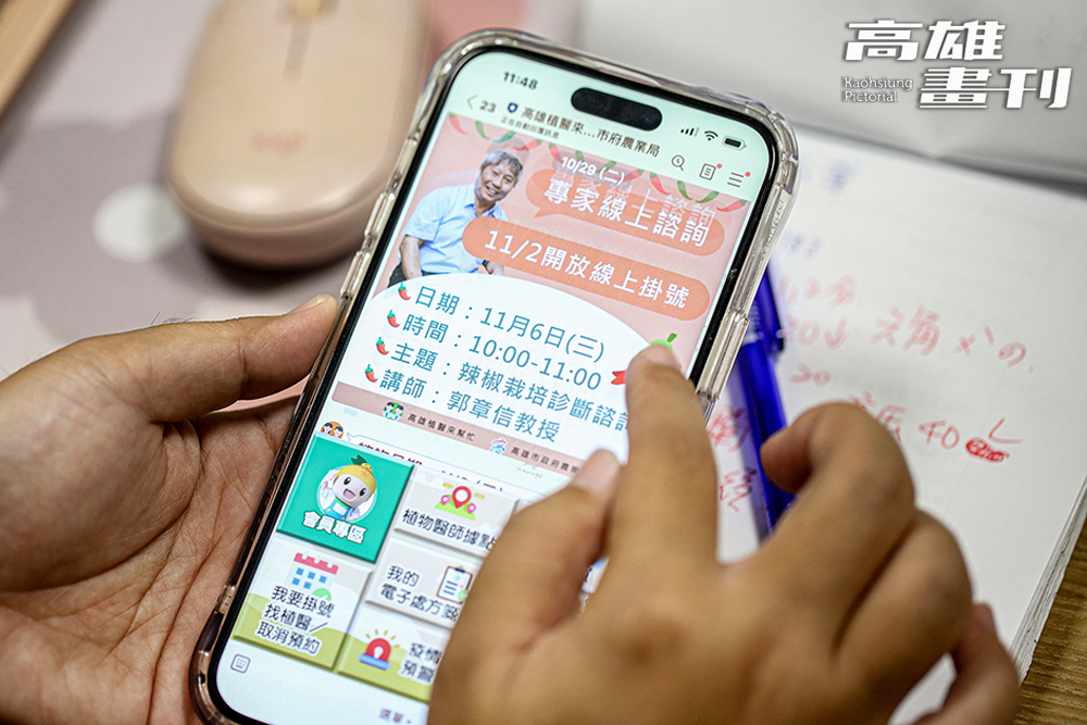 農業局推出的「高雄植醫來幫忙」平台及「高雄植醫來幫忙 高市府農業局」LINE官方帳號服務,除了即時推播預警資訊,也提供農民線上問診服務。(攝影/Carter) 農業局推出的「高雄植醫來幫忙」平台及「高雄植醫來幫忙 高市府農業局」LINE官方帳號服務,除了即時推播預警資訊,也提供農民線上問診服務。(攝影/Carter)