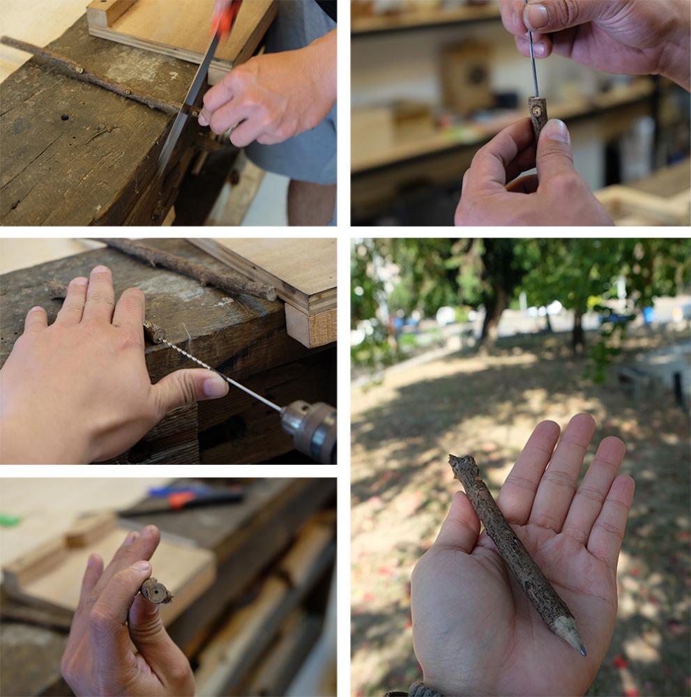 樹枝筆打從挑選合適的枝材，使用工具切鋸、鑽孔到削成鉛筆，甚至拿來送人，都能簡易自己完成。（攝影／N̂g Chú-jiû黃子柔）