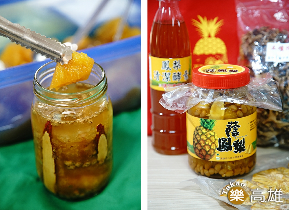 （左）鳳梨來蔭的！鳳梨蔭醬自己動手做，這是大樹媽媽最擅長的料理調味聖品。（右） 鳳梨果乾、鳳梨環保酵素、鳳梨有機酵素、土壤改良劑，都是鳳梨農產加工產品，送禮自用皆宜。（攝影/曾信耀）