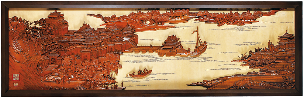 「傳統木雕」工藝代表葉經義的作品《清明上河圖》以浮雕成具立體空間深邃視野的景觀,呈現虛實相間、動靜輝映的完整作品。(照片提供/文化部文化資產局) 「傳統木雕」工藝代表葉經義的作品《清明上河圖》以浮雕成具立體空間深邃視野的景觀,呈現虛實相間、動靜輝映的完整作品。(照片提供/文化部文化資產局)