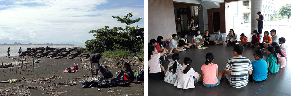 (左)林園夢工廠定期舉辦海廢淨灘活動。(右)透過營隊讓孩子們更認識自己的家鄉。