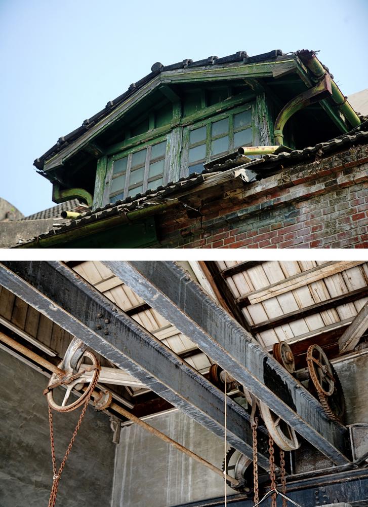 (上)竹寮取水站站長室如同小閣樓矗立建築之上。(下)屋樑上的維修天車軌道難得一見。(註:不對外開放) (上)竹寮取水站站長室如同小閣樓矗立建築之上。(下)屋樑上的維修天車軌道難得一見。(註:不對外開放)