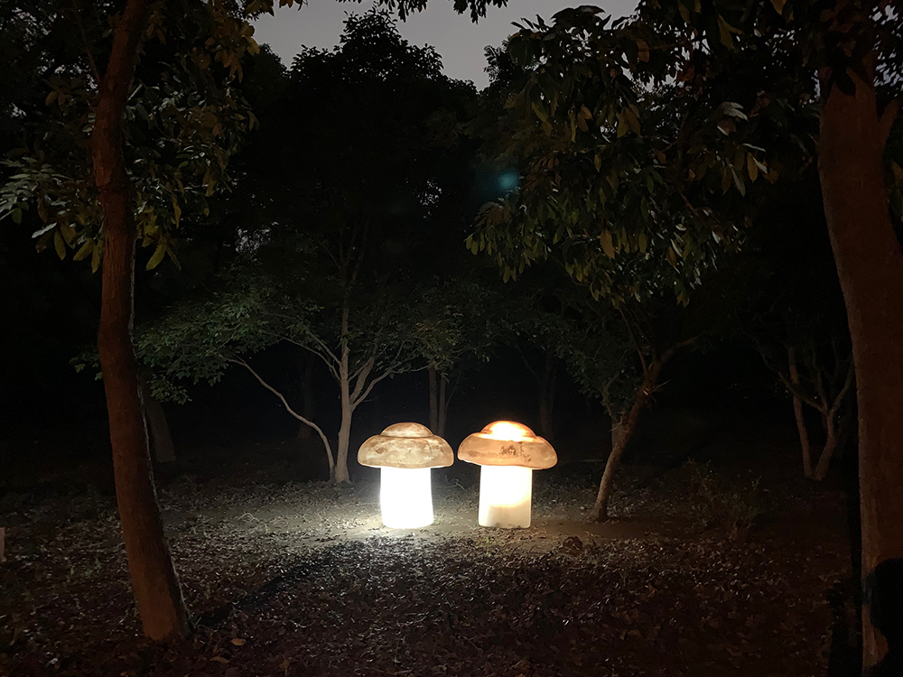 高市府團隊融入衛武營公園的森林元素,以樹影為背景,仿真蕈菇、微光花叢藏身其中,創造黑森林裡的藝術驚喜,圖為作品「蘑菇」。(圖片提供/高雄市政府觀光局) 高市府團隊融入衛武營公園的森林元素,以樹影為背景,仿真蕈菇、微光花叢藏身其中,創造黑森林裡的藝術驚喜,圖為作品「蘑菇」。(圖片提供/高雄市政府觀光局)