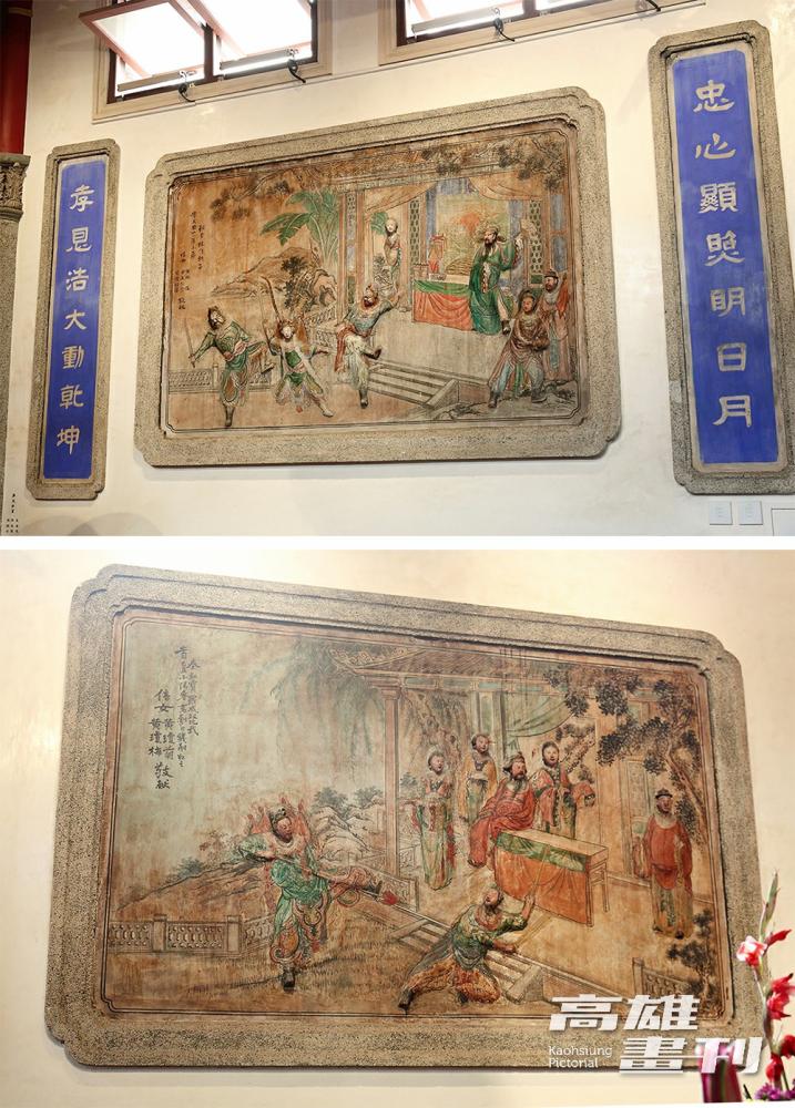正殿龍虎牆彩繪：「秦叔寶、羅成雙比武圖」、「轅門斬子圖」等壁畫，相傳是國寶級彩繪大師陳玉峰所繪作之作品。(攝影/Carter)