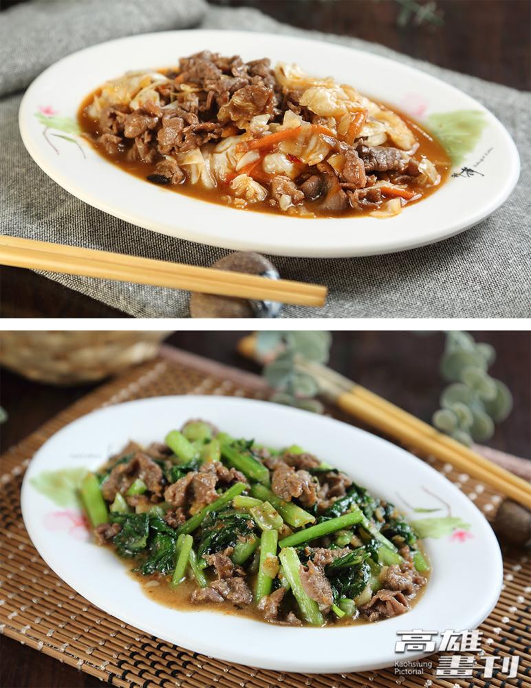 泡菜炒羊肉(上)使用台式泡菜，酸甜脆口，與羊肉意外合拍，沙茶羊肉(下)香氣十足，兩道熱炒都相當下飯。(攝影/Carter)