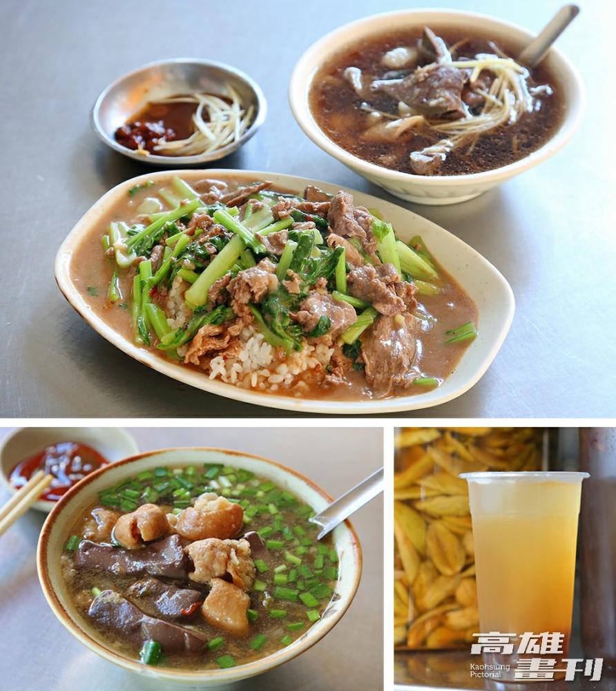 羊肉燴飯配一碗當歸羊肉湯(上)、阿柳姨豬血湯(左下)、添記古早味楊桃湯(右下)，都是覓食的好選擇。(攝影/Carter)