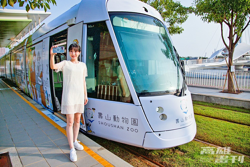 「動物明星號」輕軌彩繪列車進站，可愛造型受到民眾的喜愛，紛紛拿起相機合影。(攝影/Carter)