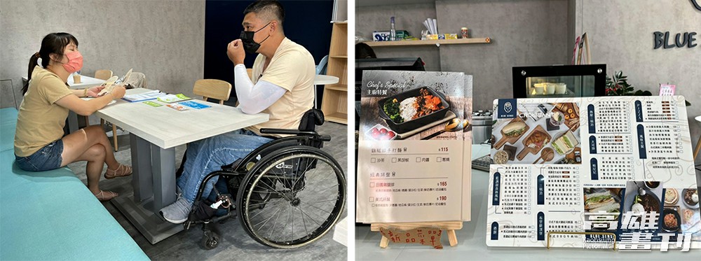小港區藍調咖啡特別調高餐桌高度,增加輪椅容膝空間(左)、大字形或圖像化菜單(右)。(圖片提供/高雄市脊髓損傷協會) 小港區藍調咖啡特別調高餐桌高度,增加輪椅容膝空間(左)、大字形或圖像化菜單(右)。(圖片提供/高雄市脊髓損傷協會)
