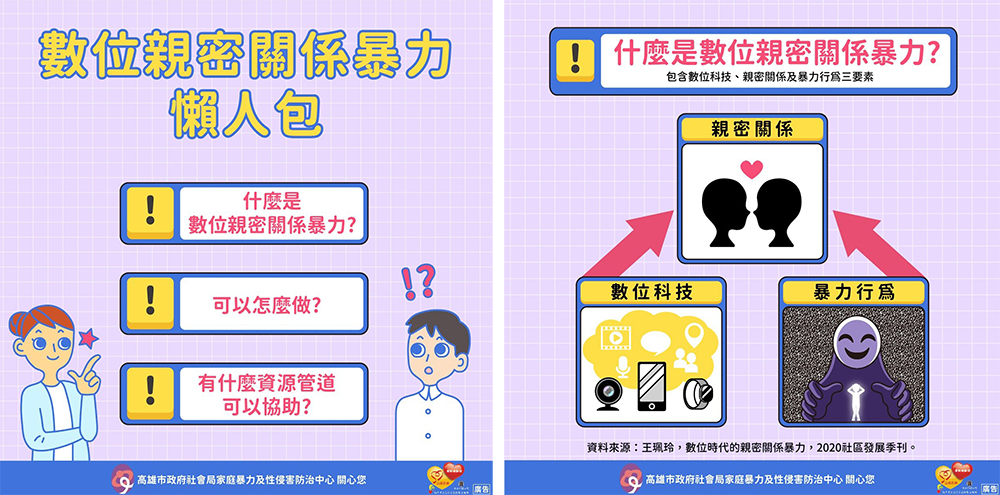 近年數位親密關係暴力案件頻傳，市府社會局製作「防治數位親密關係懶人包」，讓民眾遇到問題時能夠了解、防範及求助管道。(圖片提供/高雄市政府社會局家庭暴力及性侵害防治中心)