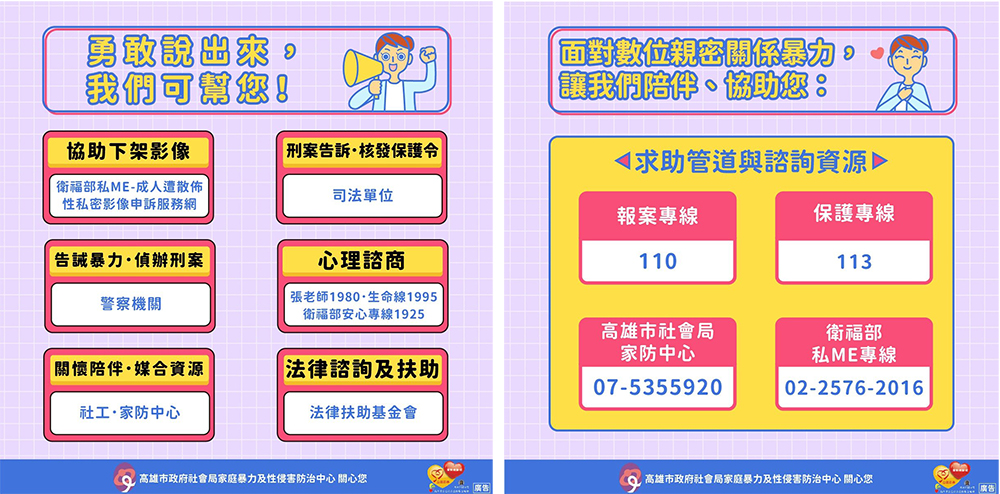 近年數位親密關係暴力案件頻傳，市府社會局製作「防治數位親密關係懶人包」，讓民眾遇到問題時能夠了解、防範及求助管道。(圖片提供/高雄市政府社會局家庭暴力及性侵害防治中心)