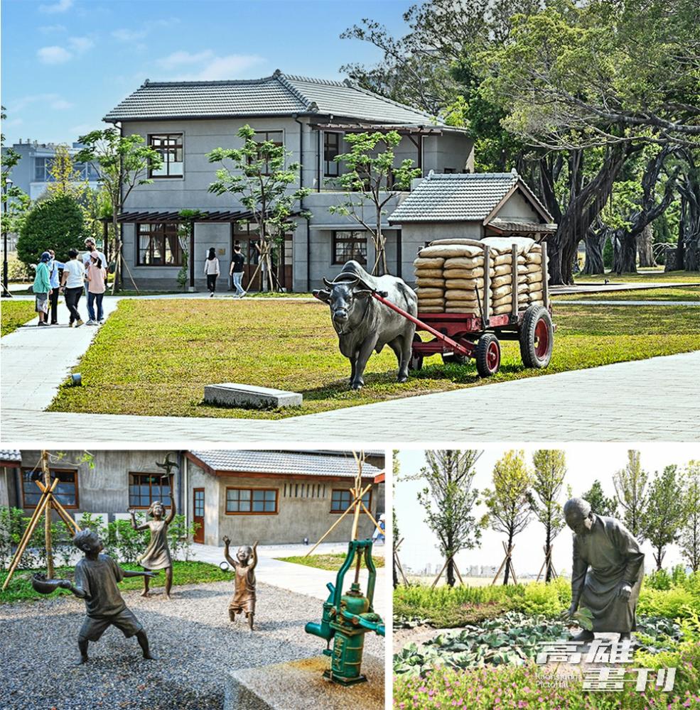 園區內表現台塑企業精神的三處銅雕：牛車廣場、打水小孩廣場、阿媽紀念花園。(上、右下：攝影/Carter、左下：圖片提供/高雄市政府新聞局)