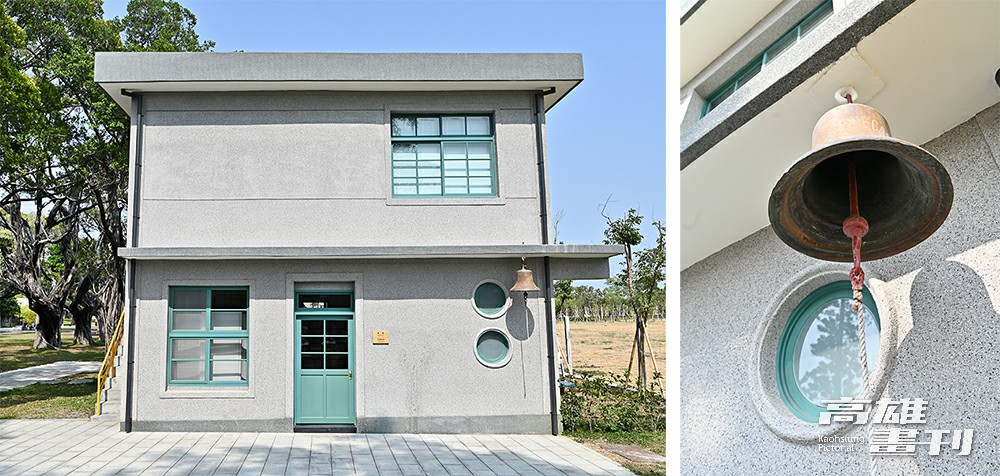 園區一角的鐘樓，方正水泥建築搭配翡翠綠色窗櫺，銅鐘高掛，整體充滿復古氛圍。(攝影/Carter)