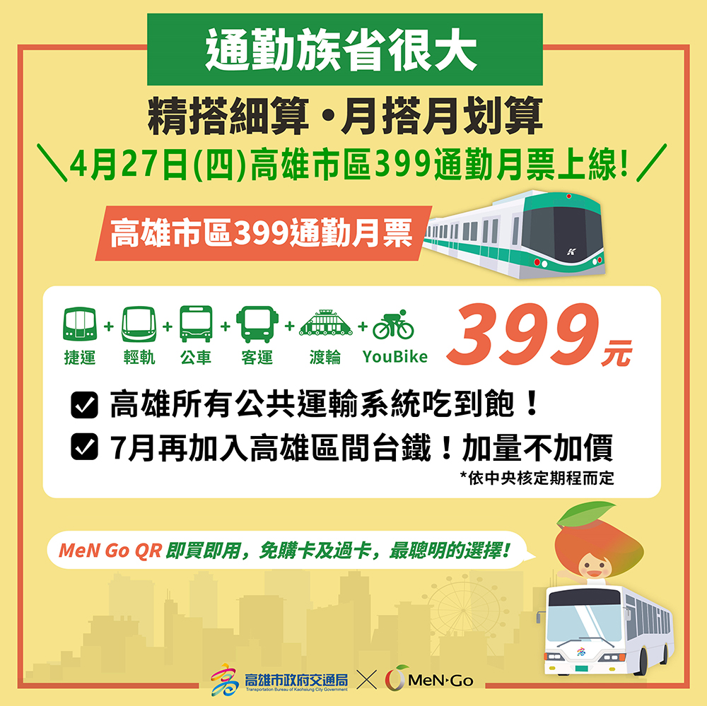 現場購票：前往高雄捷運車站服務台辦理。實體卡費用100元，限綁定MeN Go實體卡或學生證。(圖片提供/高市府交通局)